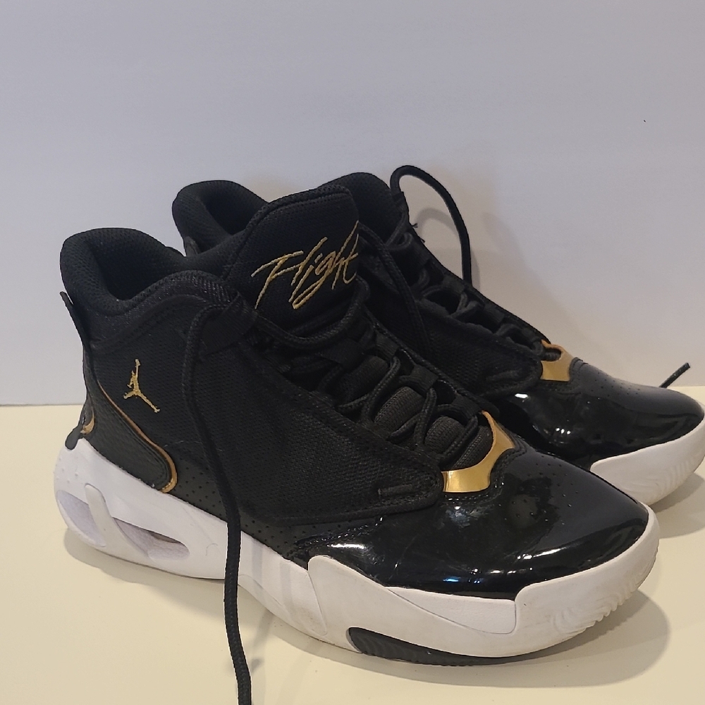 Jordan Flight Black Patent and Gold High-Top Sneakers 4 YOUTH